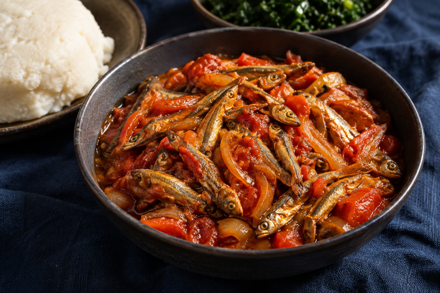 Serving suggestion: small sardines in tomato sauce with ugali and greens